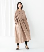 【オリジナル】ダブルボタンギャザーワンピース(キャメル)【入荷待ち】