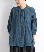 コットンポリウレタンシャーリング無地スタンドカラーブラウス(グリーン)【入荷待ち】