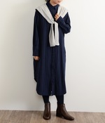 コットンピンストライプ肩掛けカーディガン風ワンピース(A・ネイビー)
