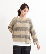 リネン混ボーダー後ろ開きプルオーバー(ナチュラル×チャコール)