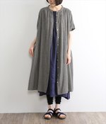 レーヨンコットンリネンスラブマオカラー半袖ワンピース(C・ブラック×ベージュギンガム)