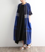 コットンリネンパネルチェック半袖ワンピース(ネイビー)【入荷待ち】