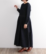 リネンコットンデニムタックドレスワンピース(A・インディゴ×金茶ステッチ)