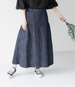 コットンリネンデニム切替ギャザースカート(インディゴ)